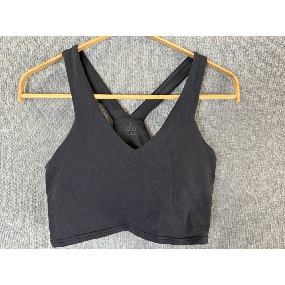 ALO Yoga Small Black Solid Crossback Wireless Pullover Sports Bra Top Logo